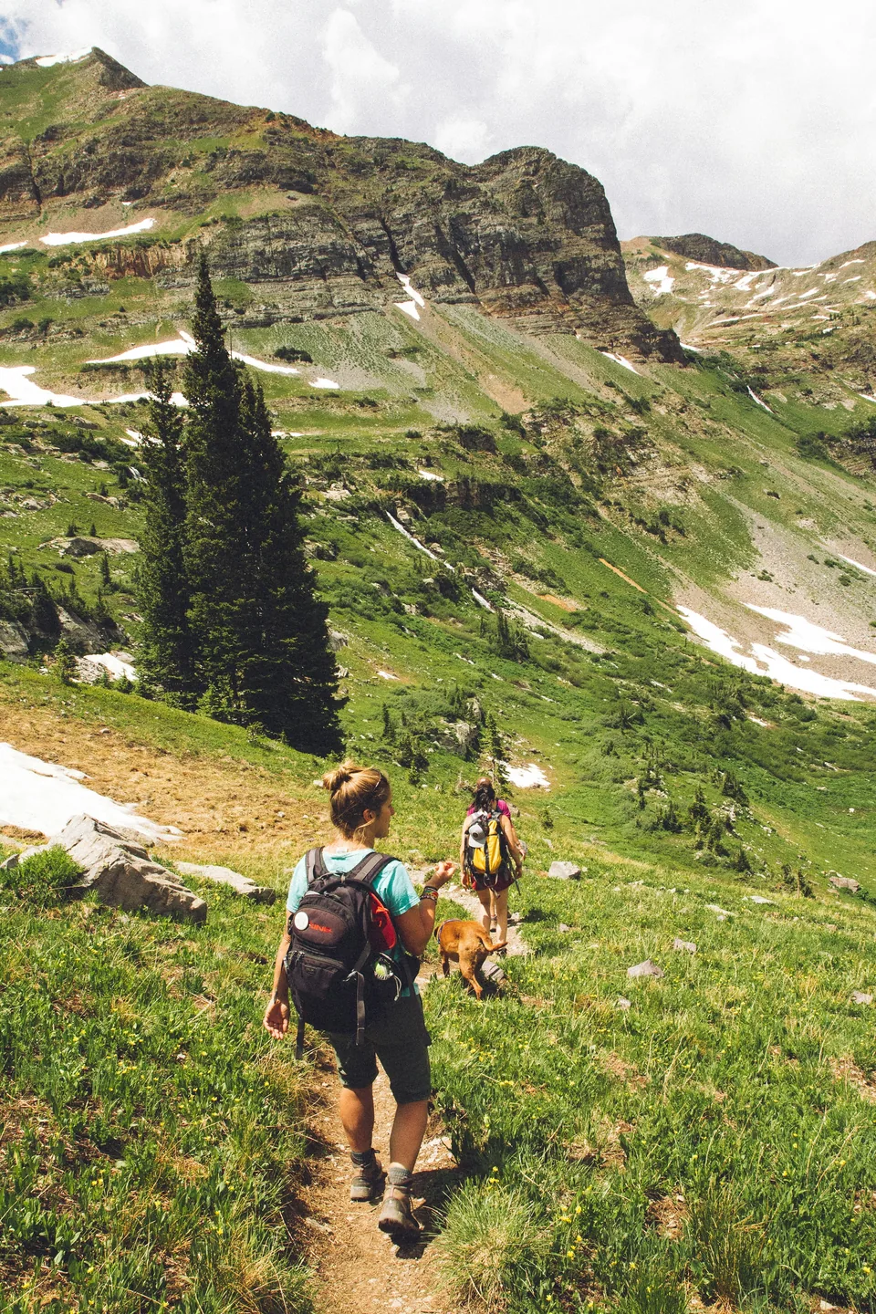 Two women hiking with a dog